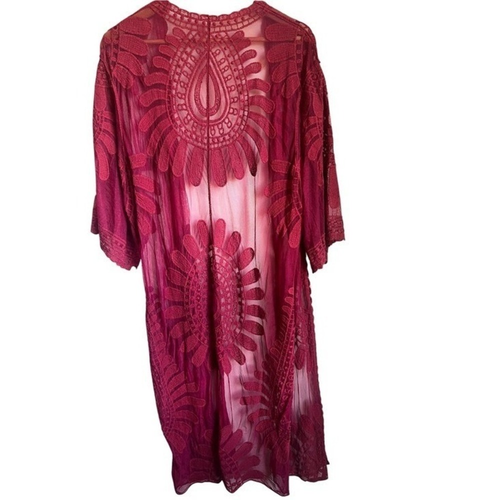 Mesh Crochet Boho Festival Concert Lace Kimono Burgundy Sheer 70s Whimsigoth M